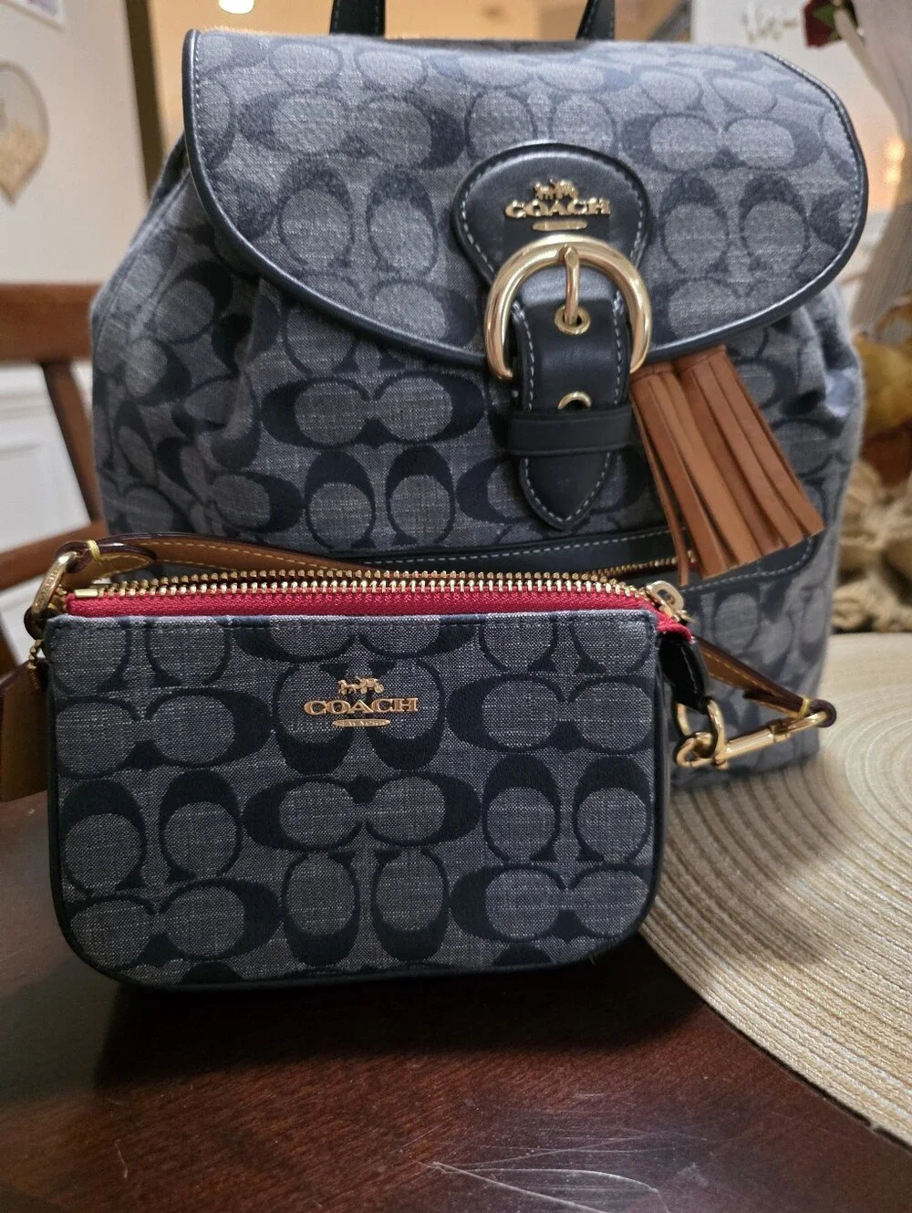 Coach Gray Signature Canvas Backpack with Matching Wristlet and Tan Tassel